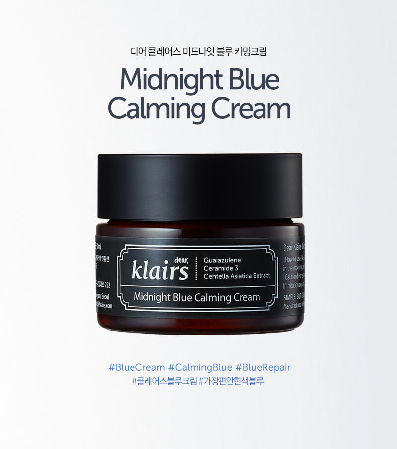 Dear,Klairs Midnight Blue Calming Cream 30 ml.  ครีมทรีทเม้นต์สำหรับผิวอ่อนโยน เนื้อบางเบา สบายผิว ด้วยส่วนผสมจาก Guaiazulene ซึ่งเป็นส่วนประกอบทางธรรมชาติสกัดจากน้ำมันคาโมมายล์ และ Centella Asiatica ช่วยให้ความชุ่มชื้นและบรรเทาอาการแสบแดงแพ้ให้ทุเลาลง